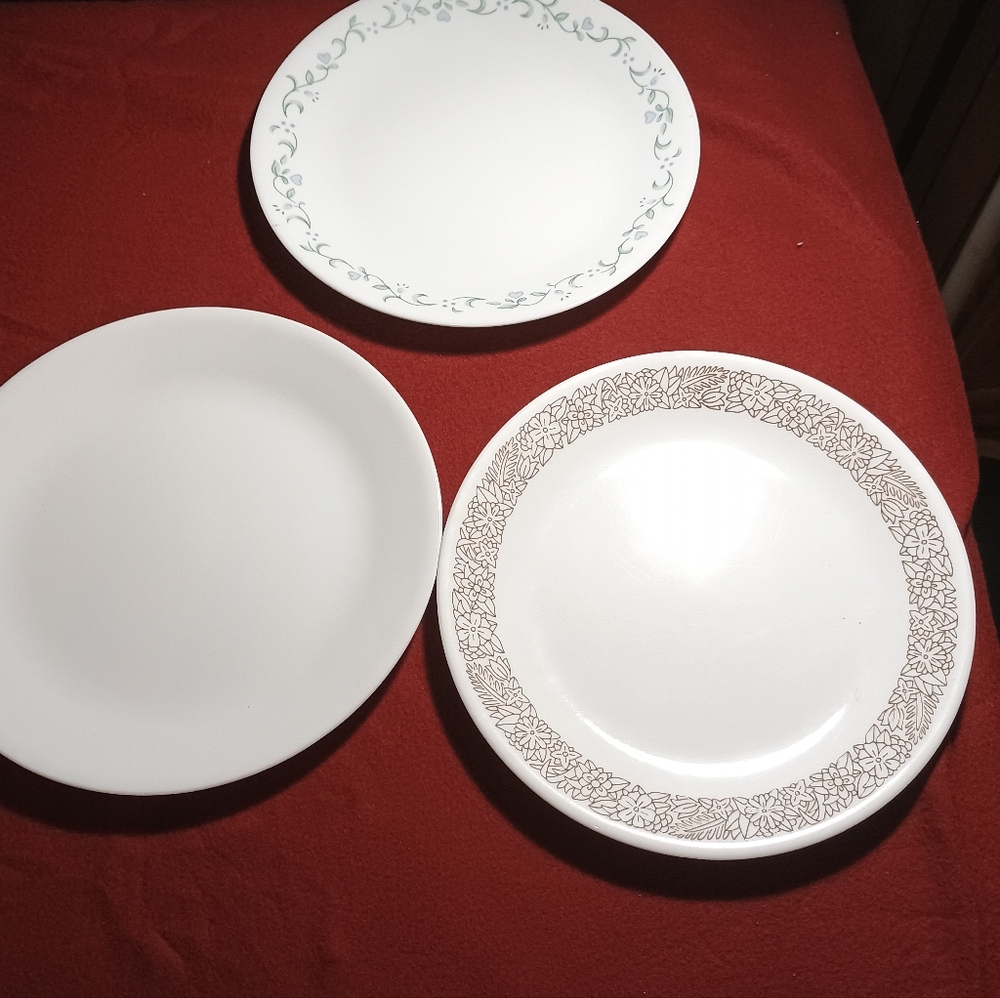 3 Mismatched Corelle Dinner Plates Winter Frost Woodland Brown Country Cottage